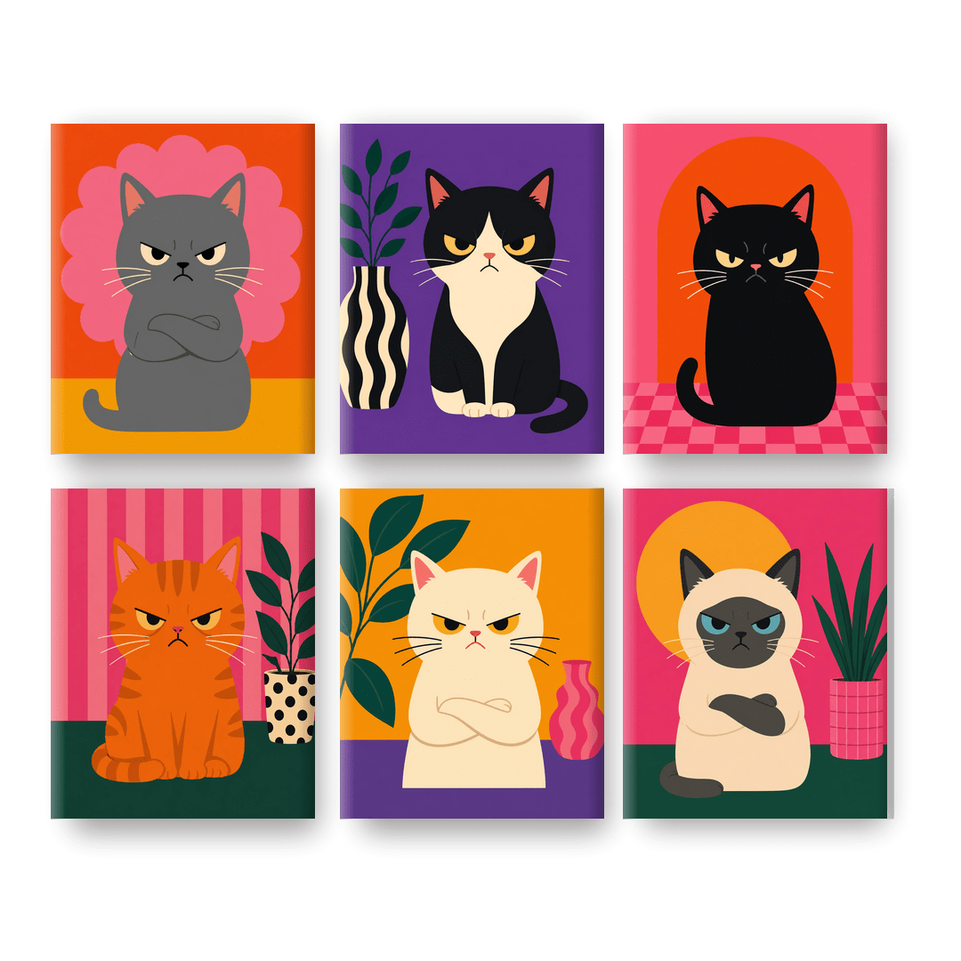 6 Mini Paintings | Boze Katten Set - Schilder Op Nummers