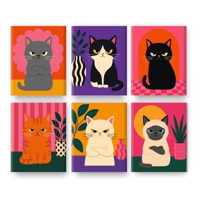 6 Mini Paintings | Boze Katten Set - Schilder Op Nummers