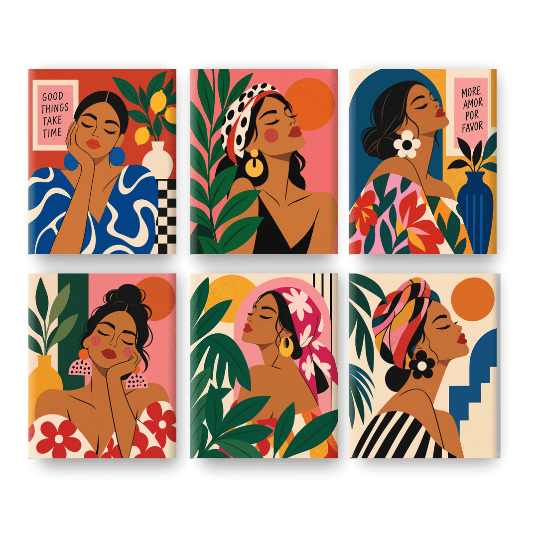 6 Mini Paintings | Tropische Vrouwen Portretten Set