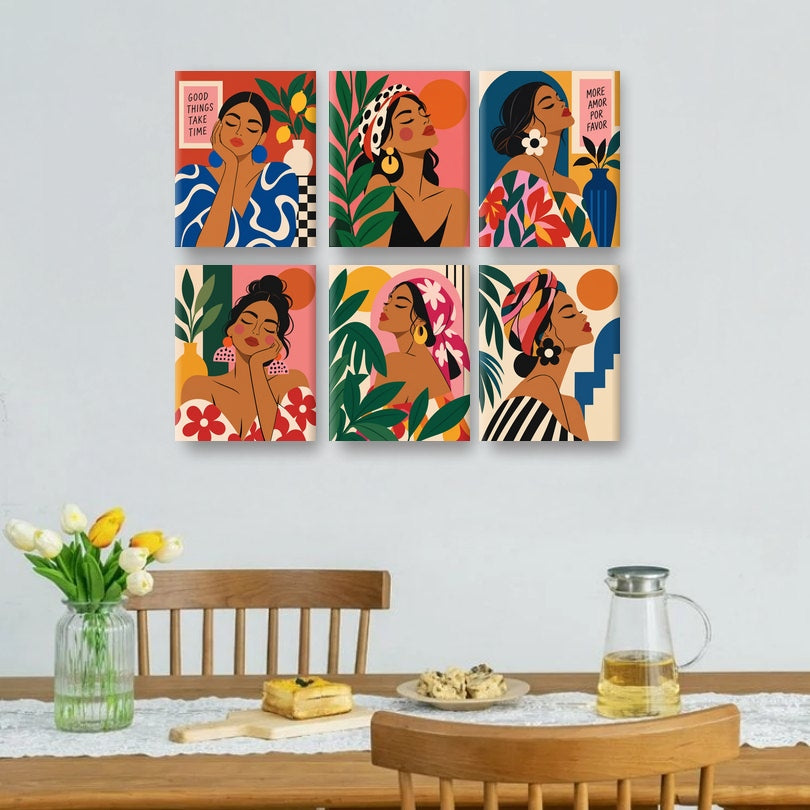 6 Mini Paintings | Tropische Vrouwen Portretten Set