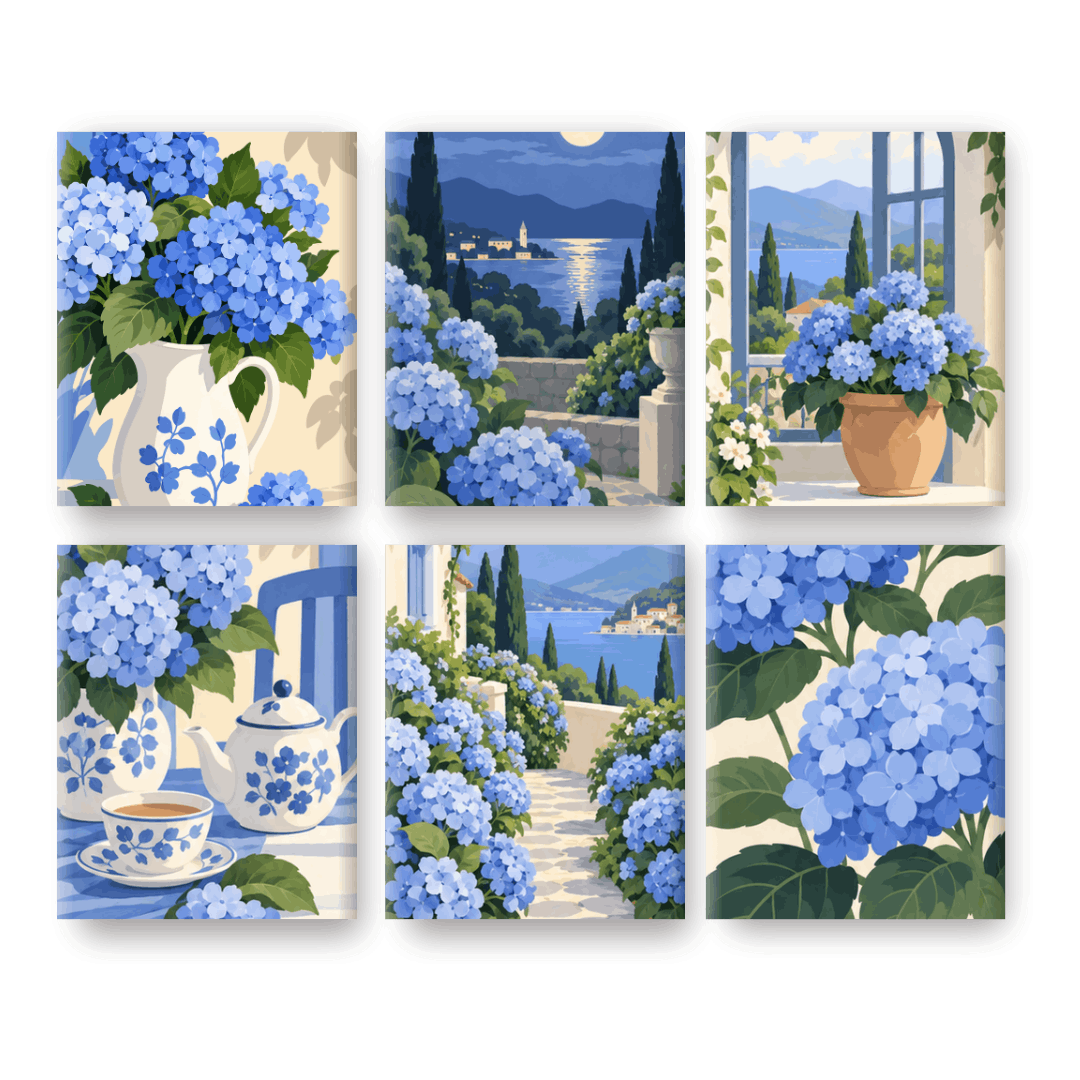 6 Mini Paintings | Blauwe Hortensia Set