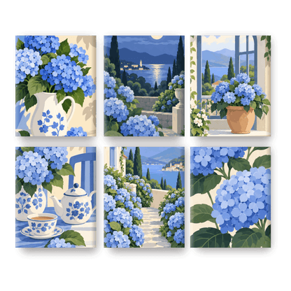 6 Mini Paintings | Blauwe Hortensia Set