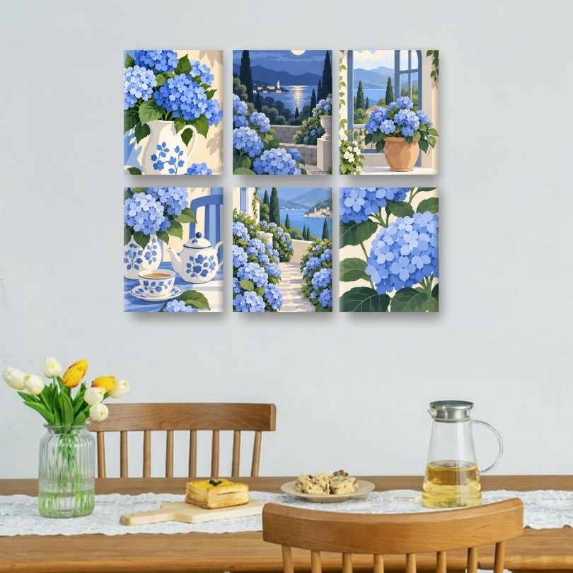 6 Mini Paintings | Blauwe Hortensia Set
