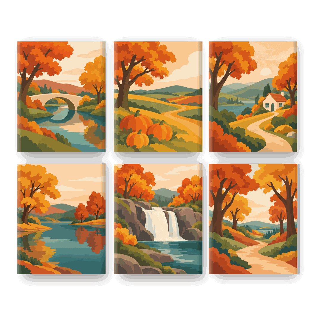 6 Mini Paintings | Herfst Rivier Brug Set