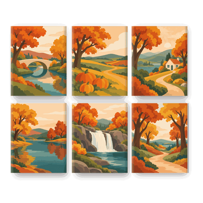 6 Mini Paintings | Herfst Rivier Brug Set