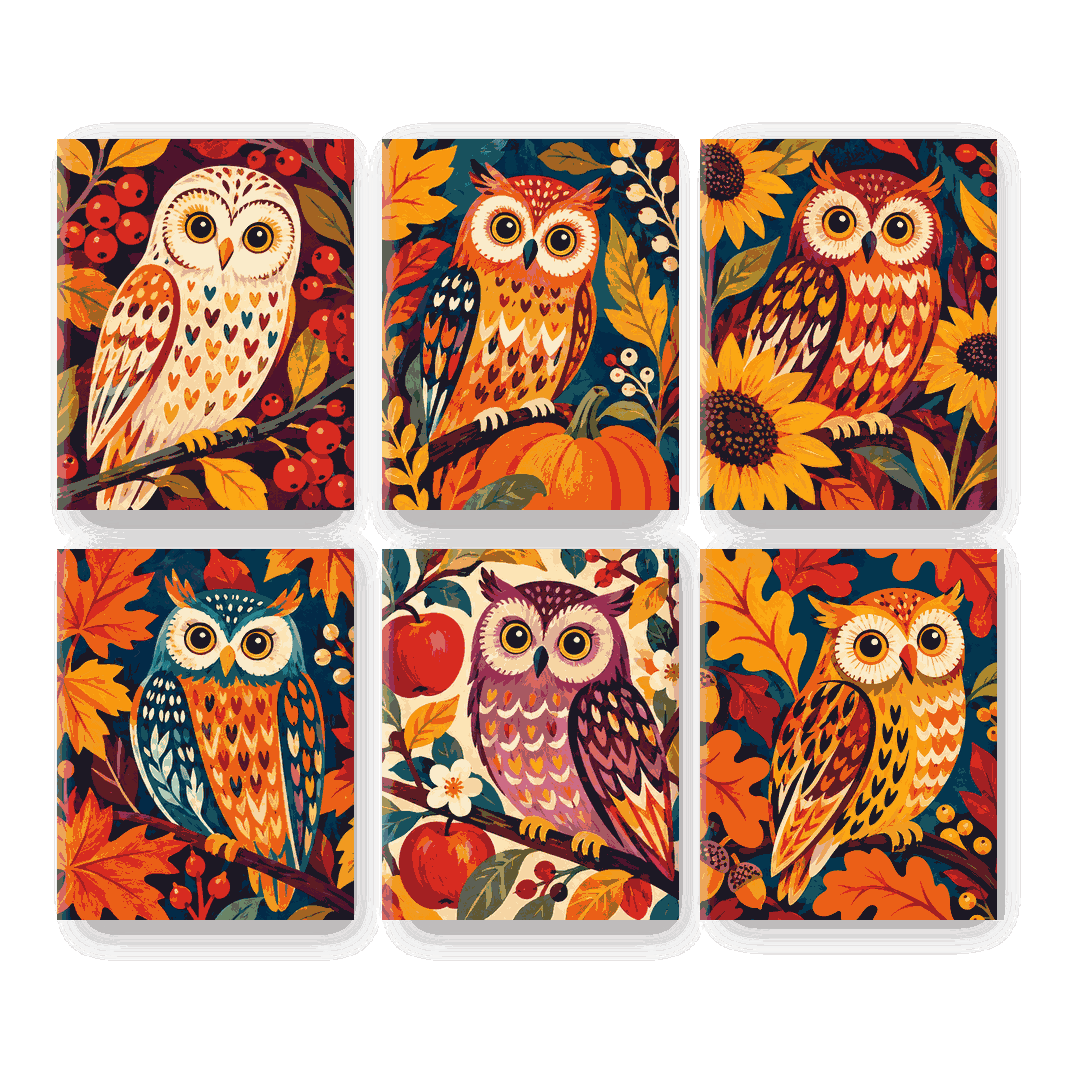 6 Mini Paintings | Herfst Uilen Set