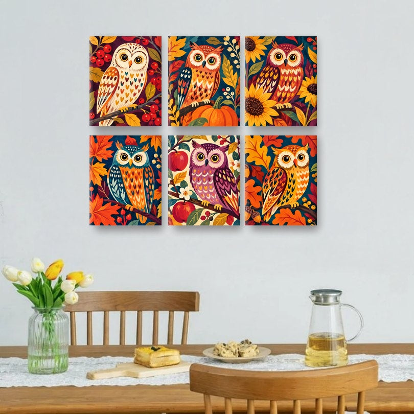 6 Mini Paintings | Herfst Uilen Set