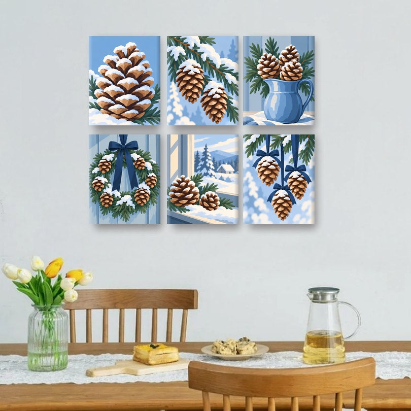 6 Mini Paintings | IJzige Dennenappels Set