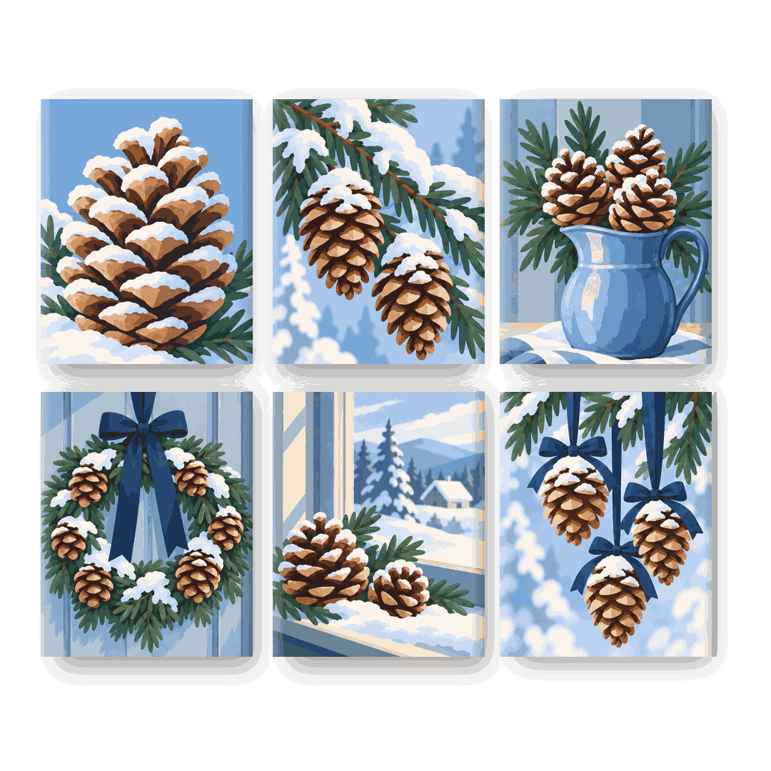 6 Mini Paintings | IJzige Dennenappels Set