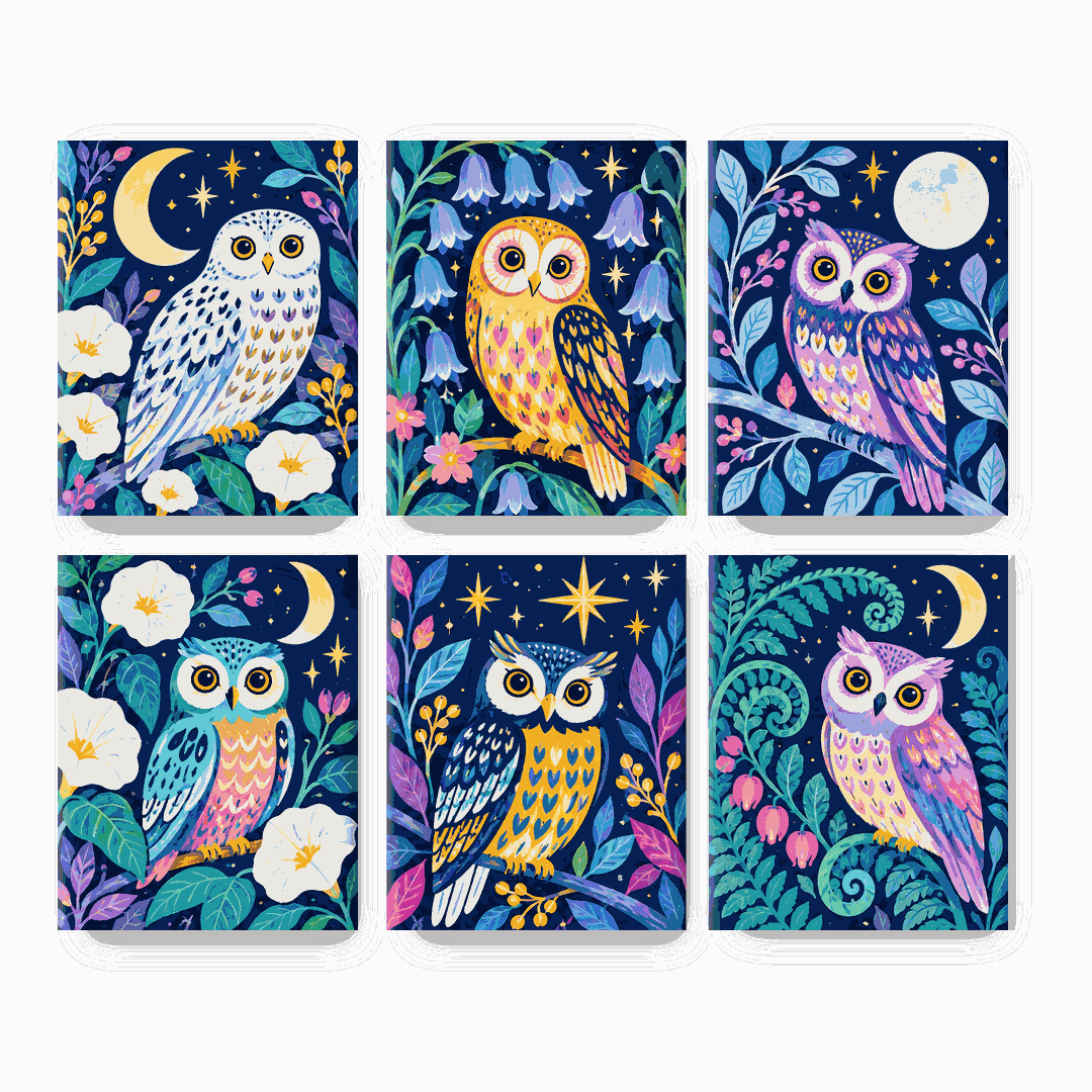 6 Mini Paintings | Maanverlichte Tuin Uilen Set