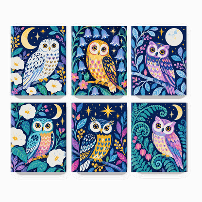 6 Mini Paintings | Maanverlichte Tuin Uilen Set