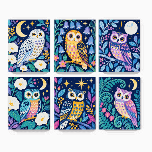 6 Mini Paintings | Maanverlichte Tuin Uilen Set