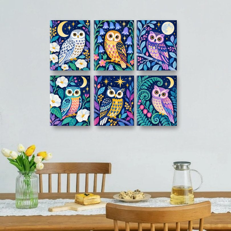 6 Mini Paintings | Maanverlichte Tuin Uilen Set
