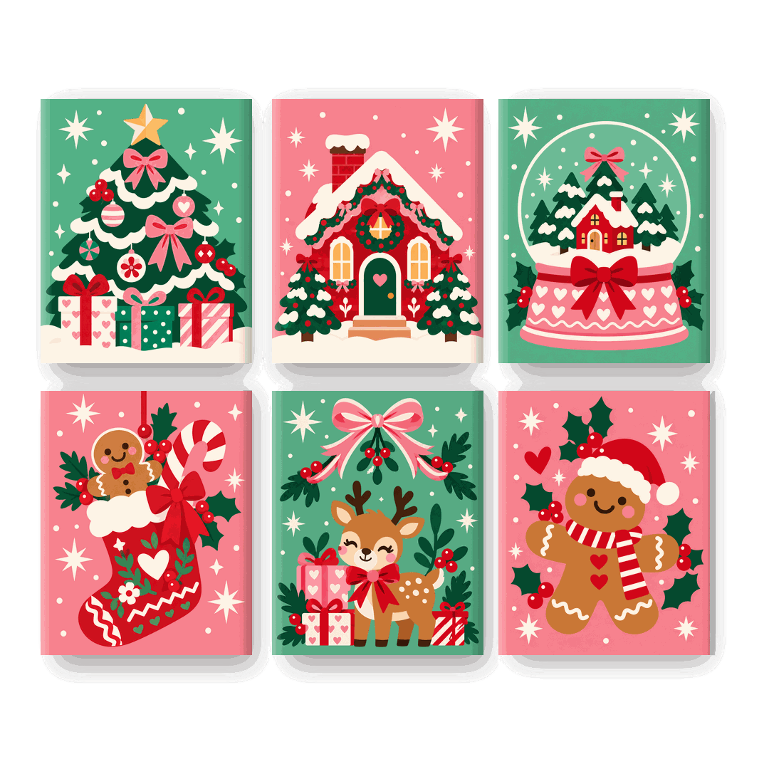 6 Mini Paintings | Retro Kerstboom Set