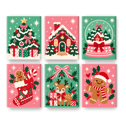 6 Mini Paintings | Retro Kerstboom Set