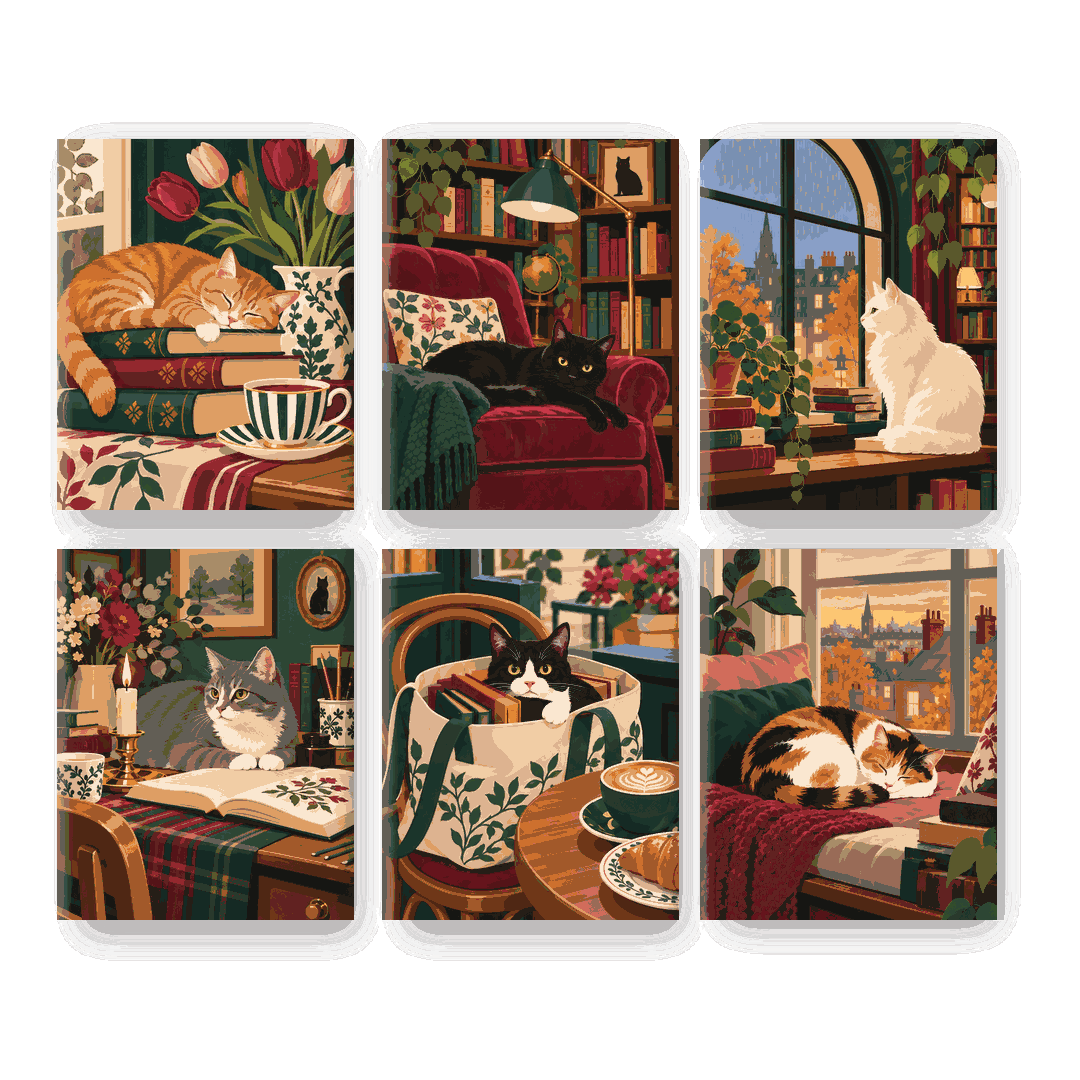 6 Mini Paintings | Boekige Katten Set