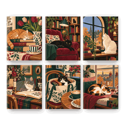 6 Mini Paintings | Boekige Katten Set
