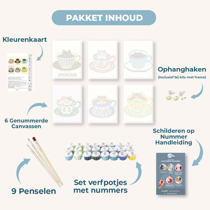 6 Mini Paintings | Katten in Koffiekopjes Set
