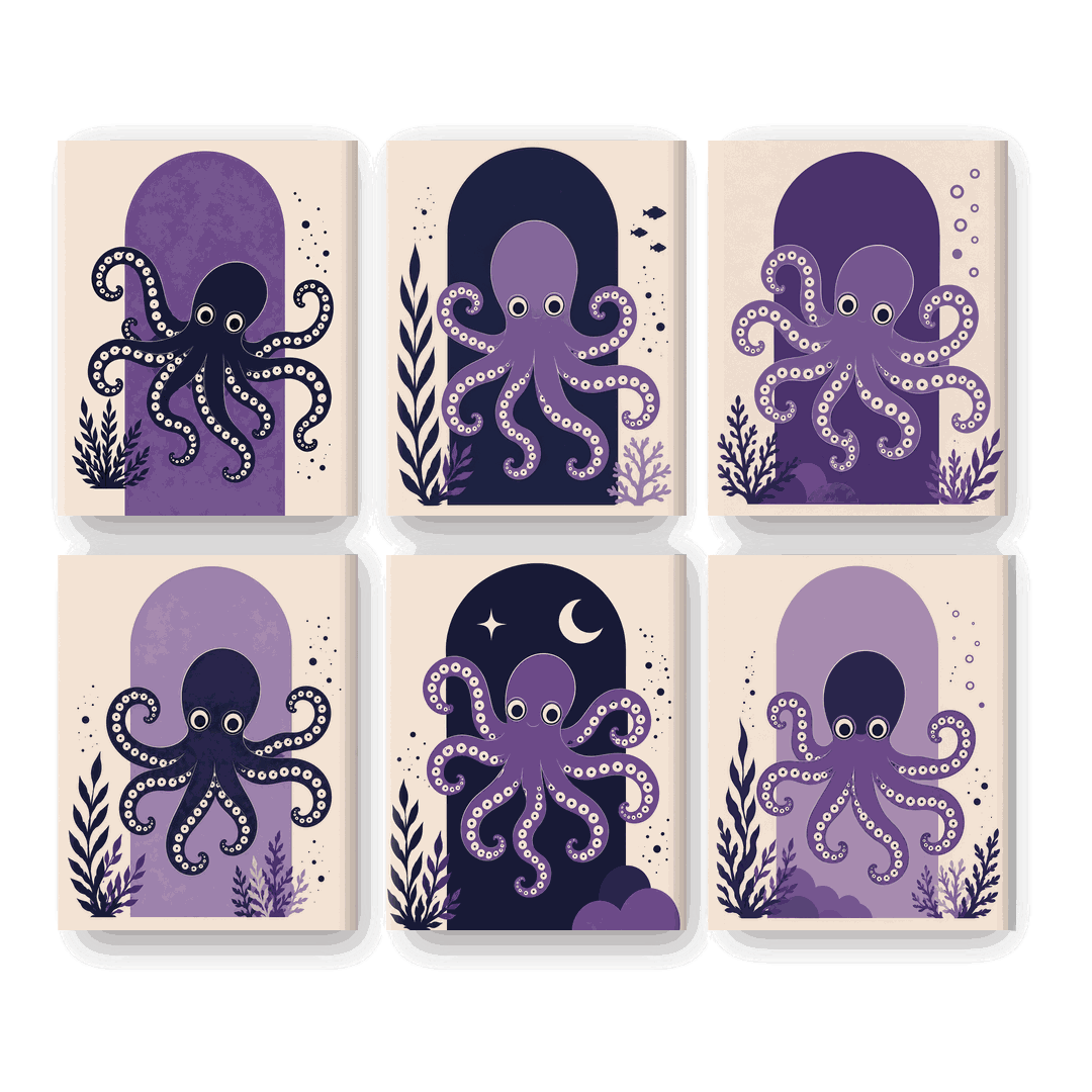 6 Mini Paintings | Paarse Octopus Set