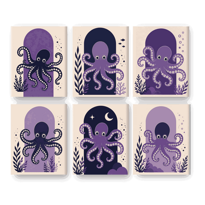 6 Mini Paintings | Paarse Octopus Set