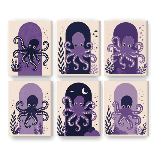 6 Mini Paintings | Paarse Octopus Set