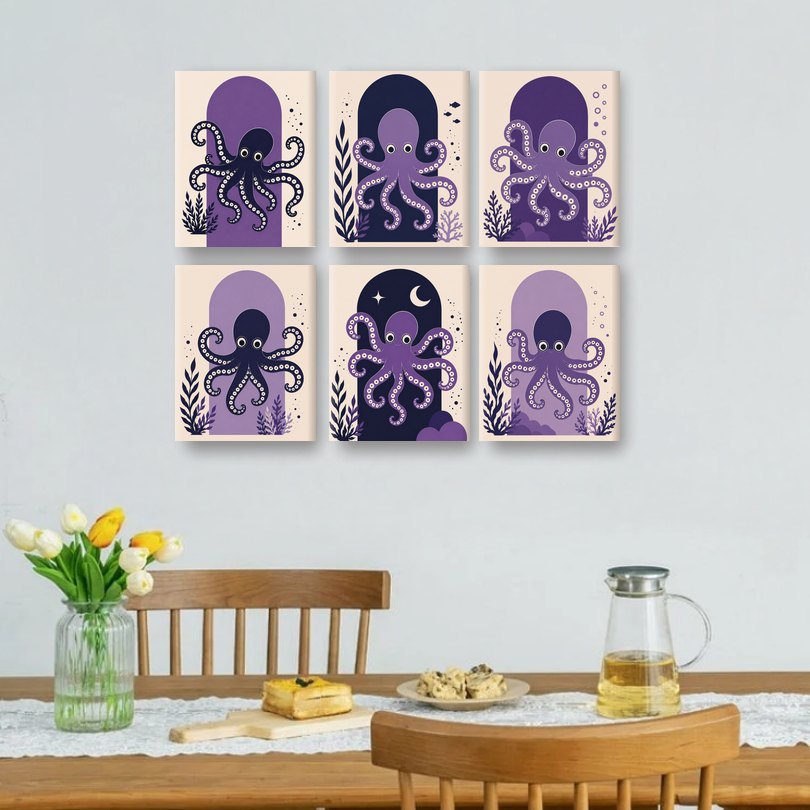 6 Mini Paintings | Paarse Octopus Set