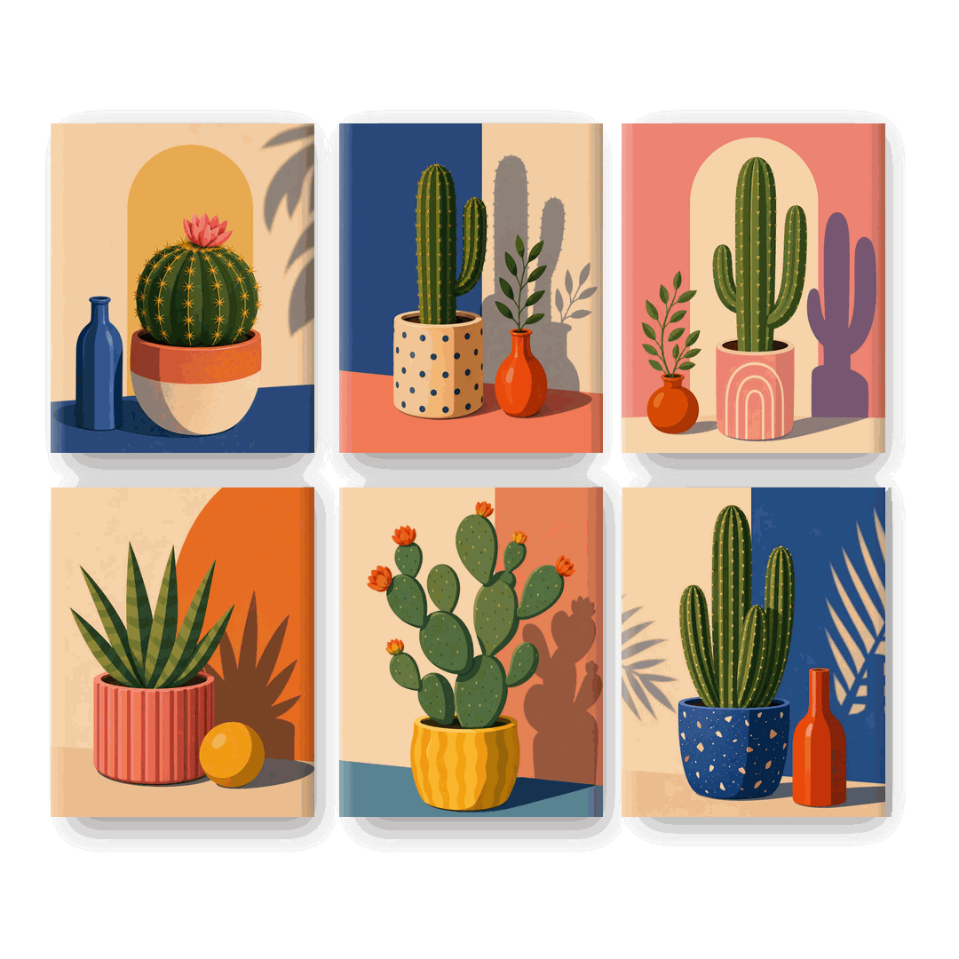 6 Mini Paintings | Bloeiende Cactus Set