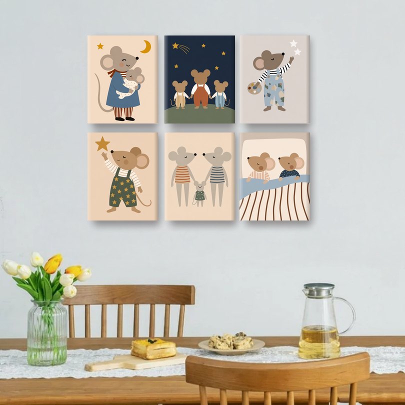 6 Mini Paintings | Vrolijke Muizenfamilie Set