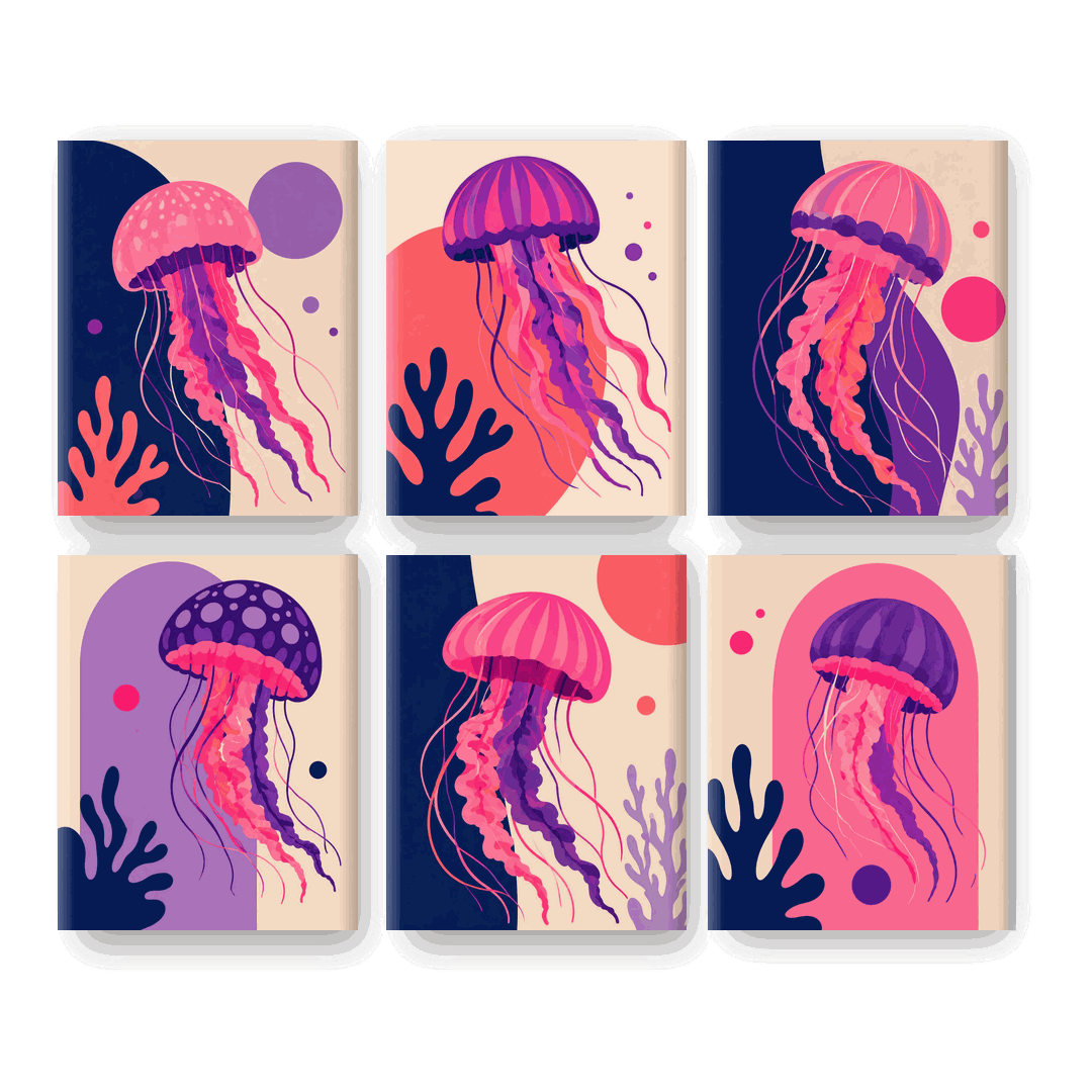 6 Mini Paintings | Neon Kwallen Set - Schilder Op Nummers