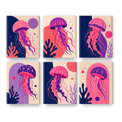 6 Mini Paintings | Neon Kwallen Set - Schilder Op Nummers