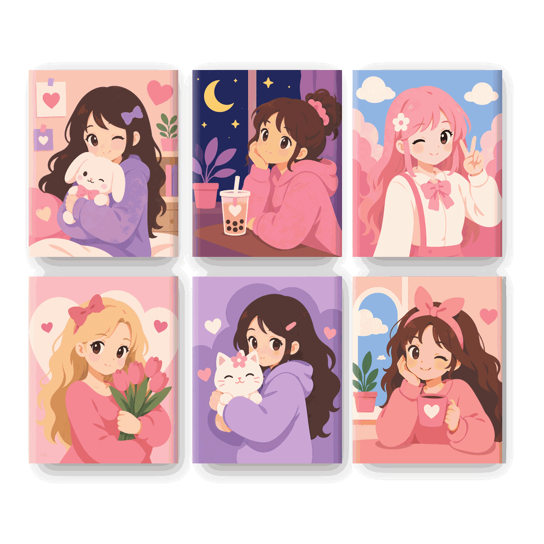 6 Mini Paintings | Kawaii Meisje Set - Schilder Op Nummers