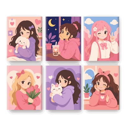 6 Mini Paintings | Kawaii Meisje Set - Schilder Op Nummers
