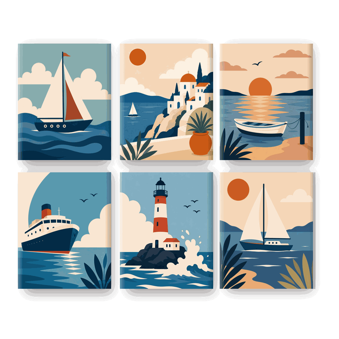 6 Mini Paintings | Zonsondergang Boten Set