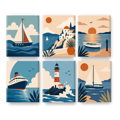 6 Mini Paintings | Zonsondergang Boten Set