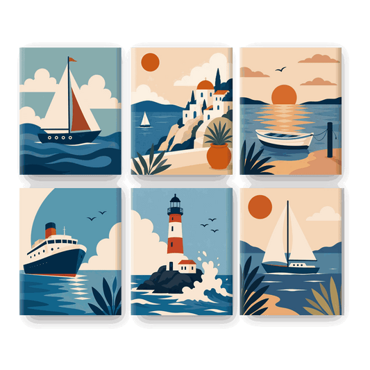 6 Mini Paintings | Zonsondergang Boten Set