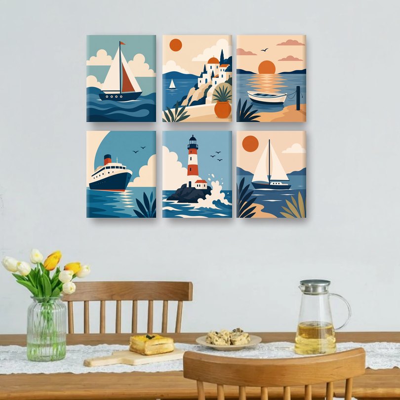 6 Mini Paintings | Zonsondergang Boten Set