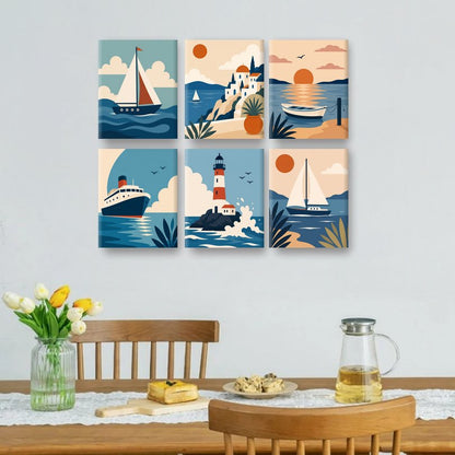 6 Mini Paintings | Zonsondergang Boten Set