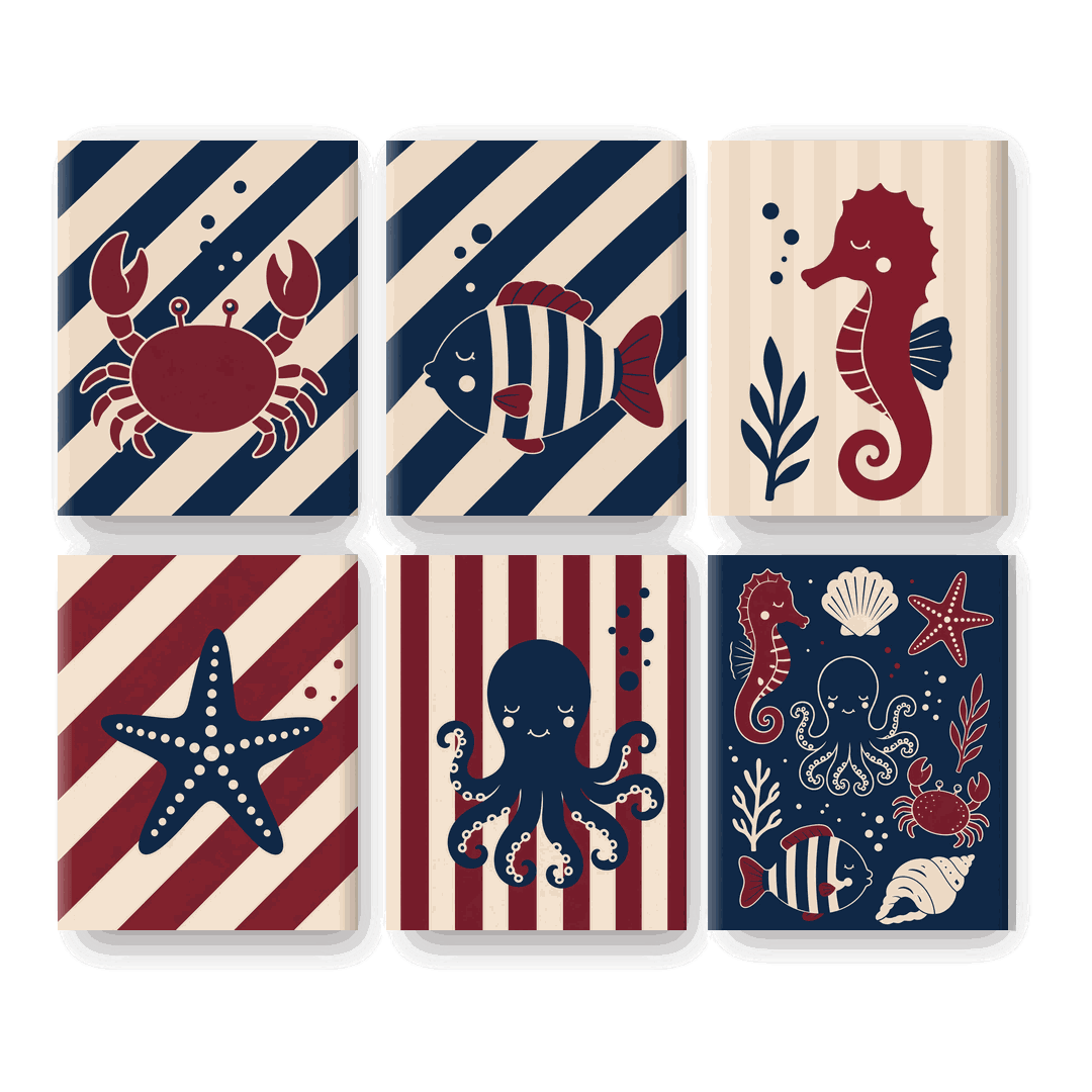 6 Mini Paintings | Nautische Zeedieren Set