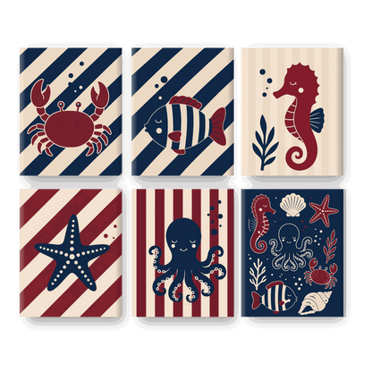 6 Mini Paintings | Nautische Zeedieren Set