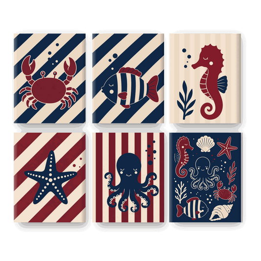 6 Mini Paintings | Nautische Zeedieren Set