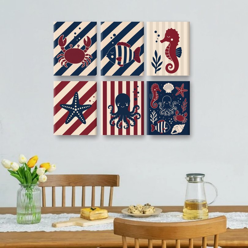 6 Mini Paintings | Nautische Zeedieren Set