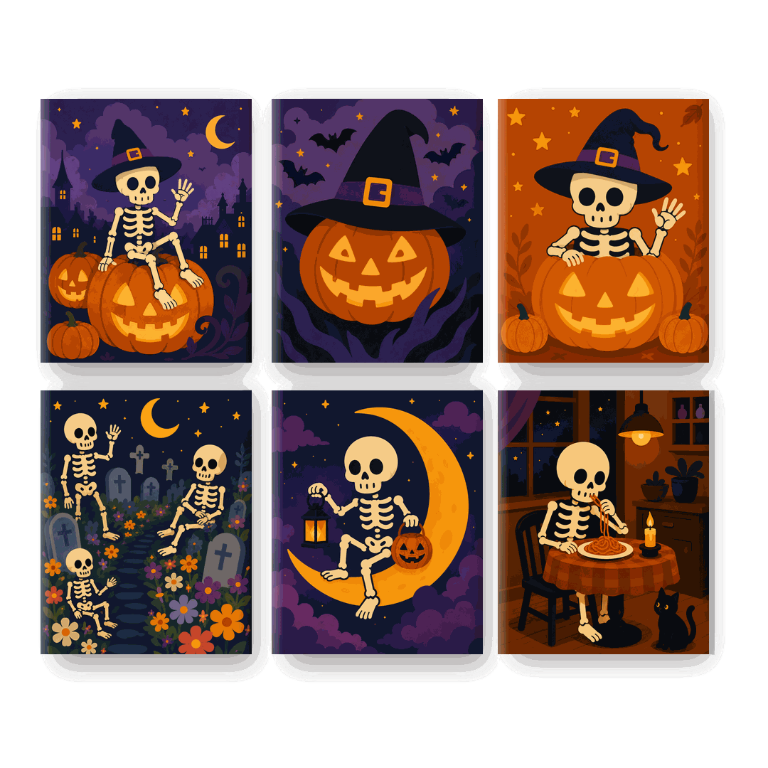 6 Mini Paintings | Skelet Maanlicht Set - Schilder Op Nummers
