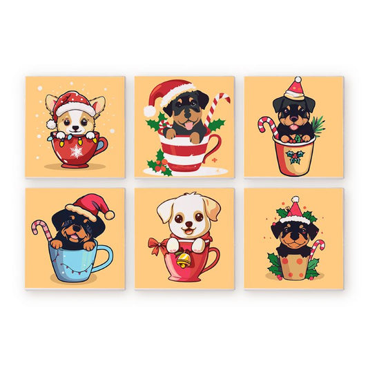 Schilder Op Nummers - 6 Mini Paintings | Kerst hondjes set