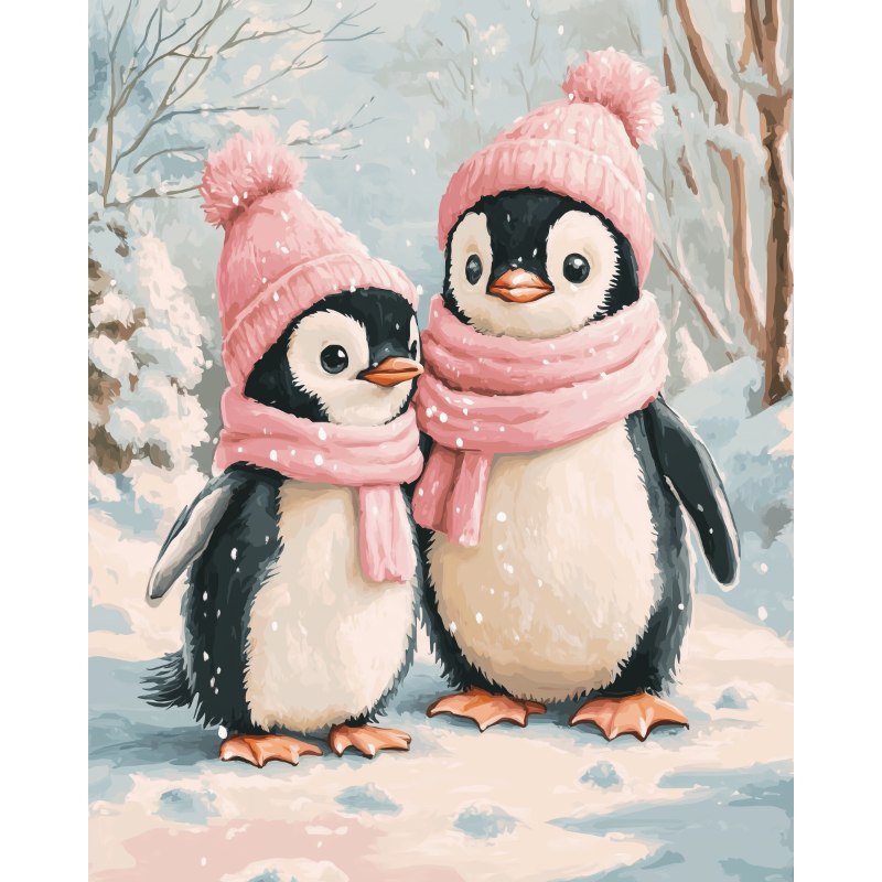 Pinguïns in de sneeuw | Voltooid Kunstwerk