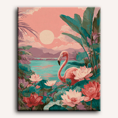 Flamingo bij zonsondergang