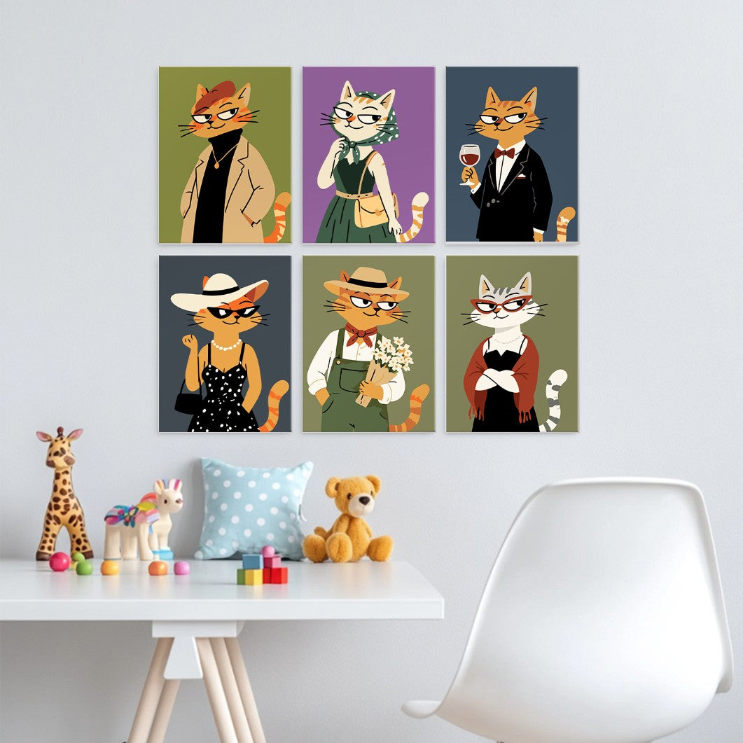 6 Houten Plaat Mini Paintings – Modieuze Katten Set