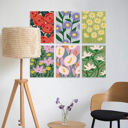 6 Houten Plaat Mini Paintings – Krachtige Bloemen Set