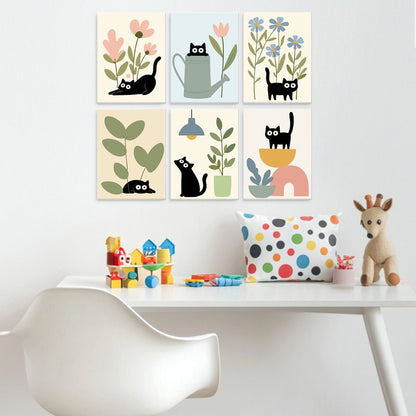 6 Houten Plaat Mini Paintings – Katten tussen Planten Set