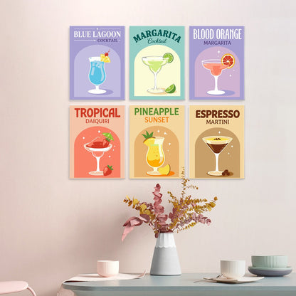 6 Houten Plaat Mini Paintings – Kleurrijke Cocktails Set