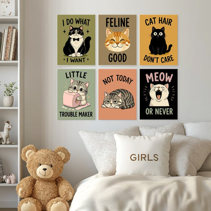 6 Houten Plaat Mini Paintings – Ondeugende Katten Set